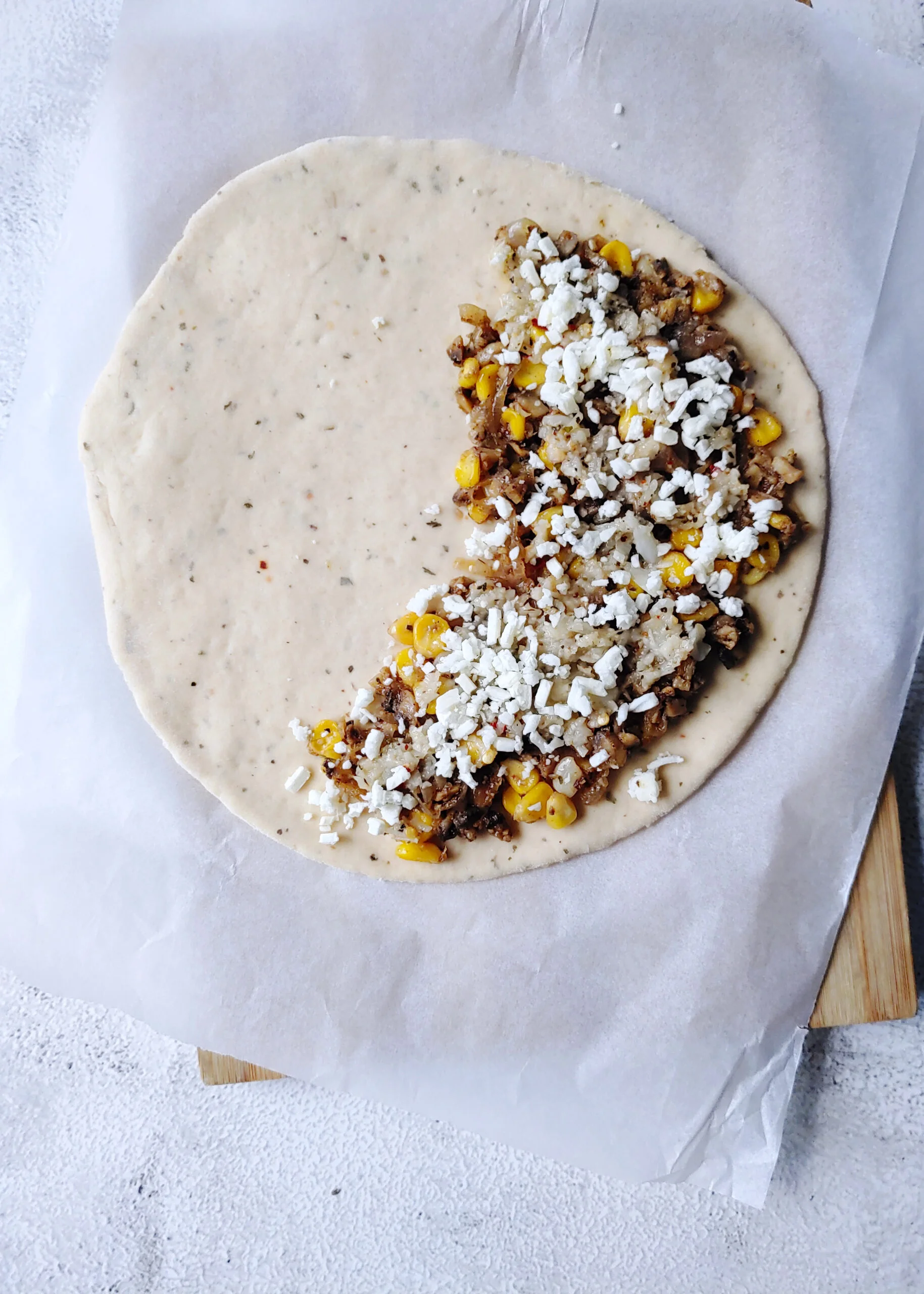 mushroom corn cheese stuffing spread before baking