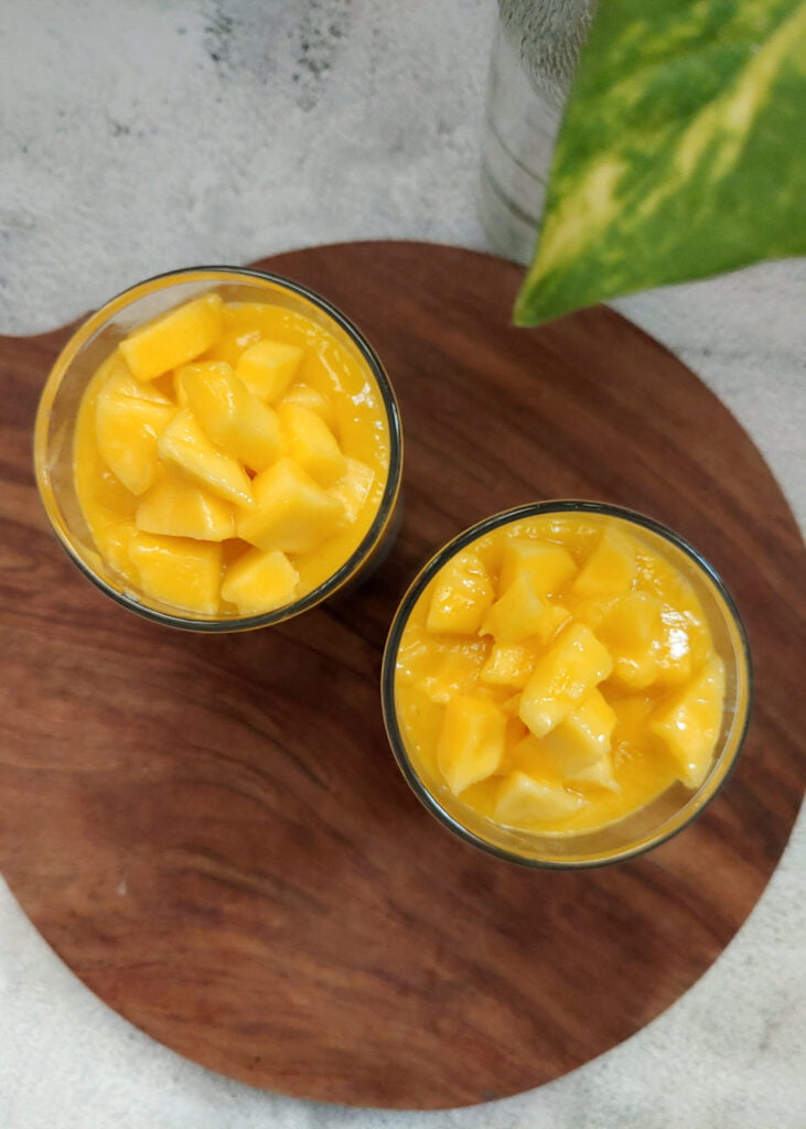 mango chia pudding viewed from top of the glass