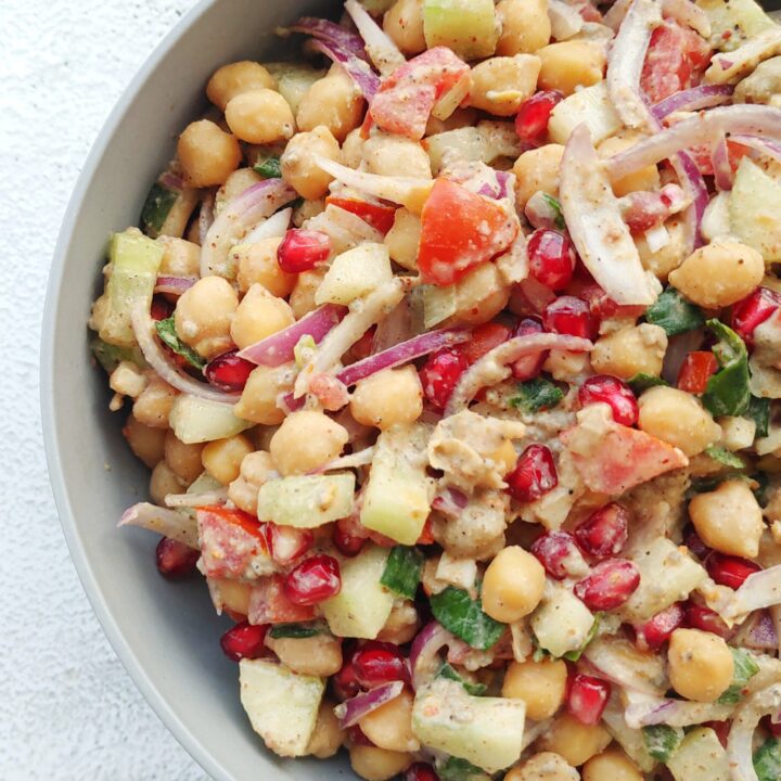 chickpea veggie salad in a bowl top view