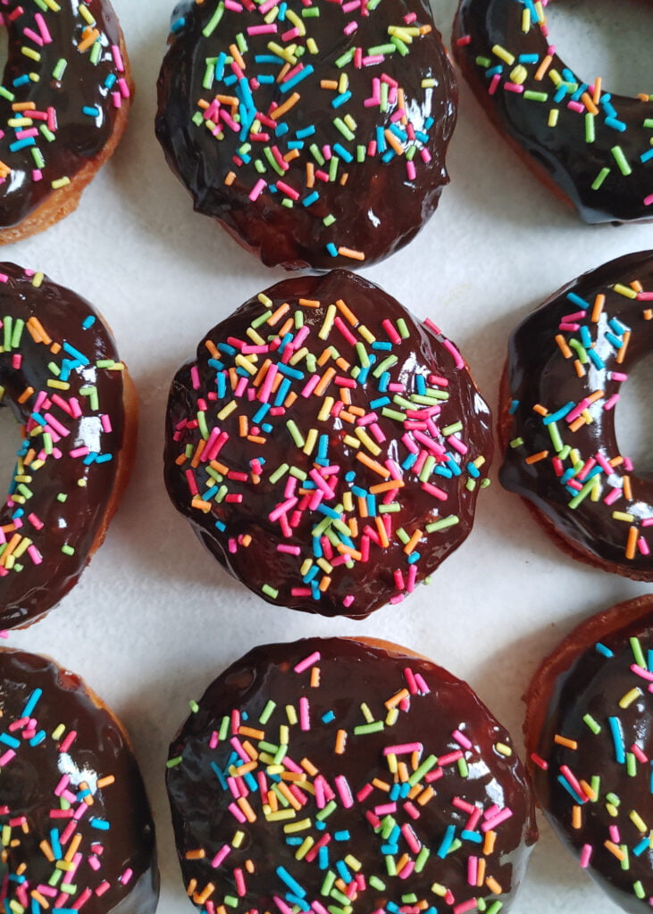 chocolate eggless donuts with rainbow sprinkles zoomed photo