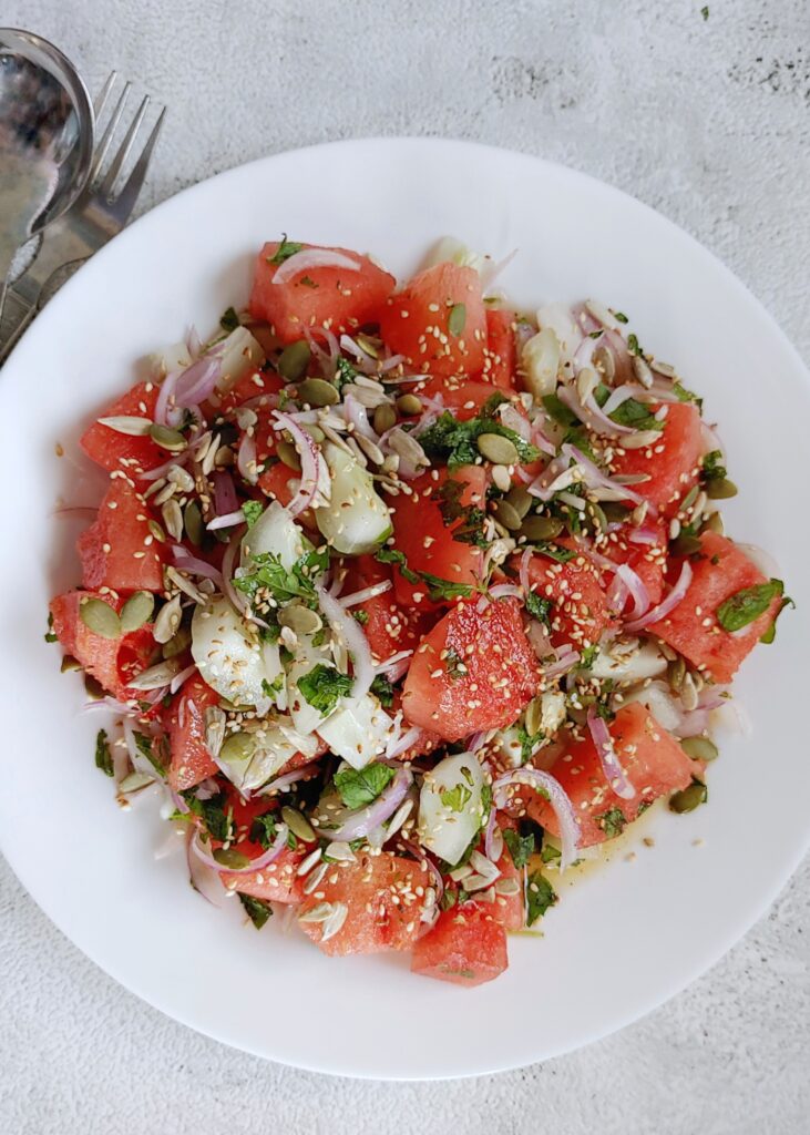 watermelon cucumber salad in a plate