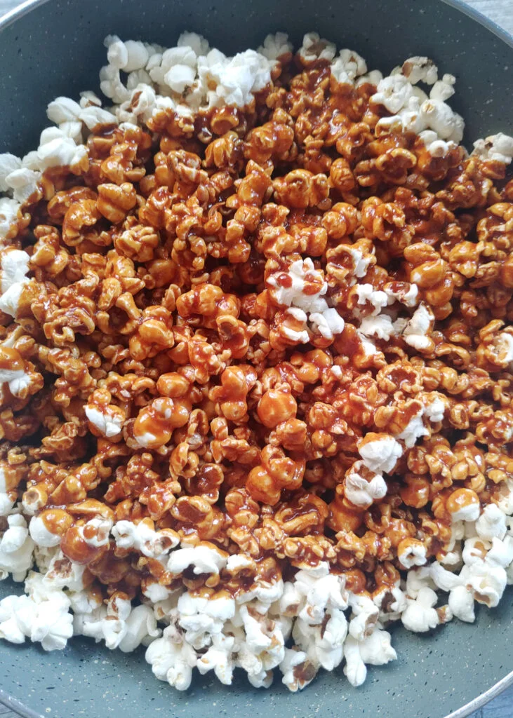 caramel sauce poured over the popcorns