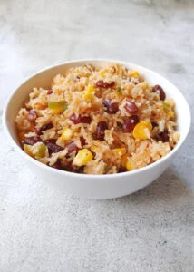 mexican inspired vegan beans and rice in a bowl