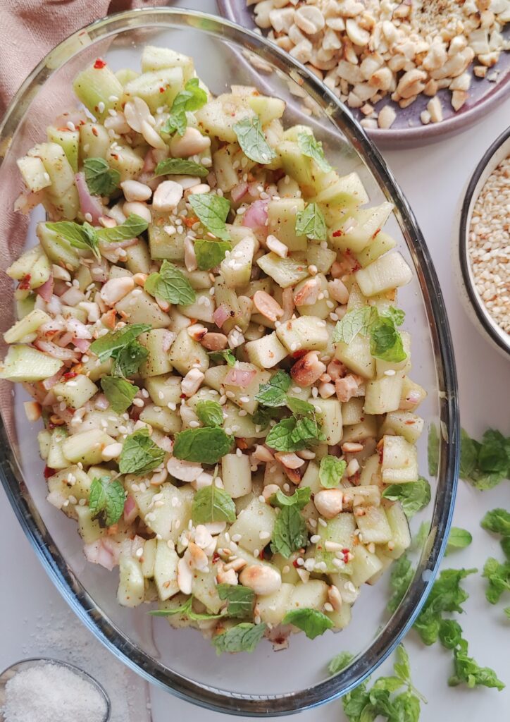 cucumber salad served in an oval-shaped bowl