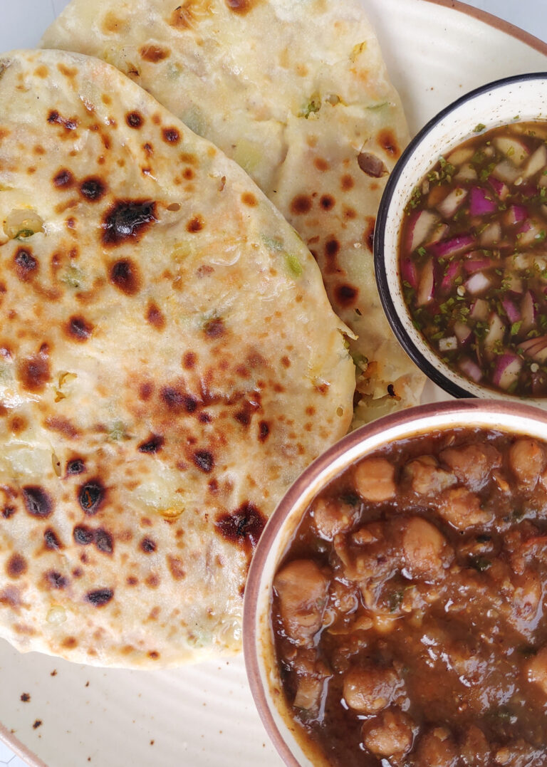 Amritsari Mixed Veg Stuffed Kulcha with Chole and Imli Pyaz Chutney
