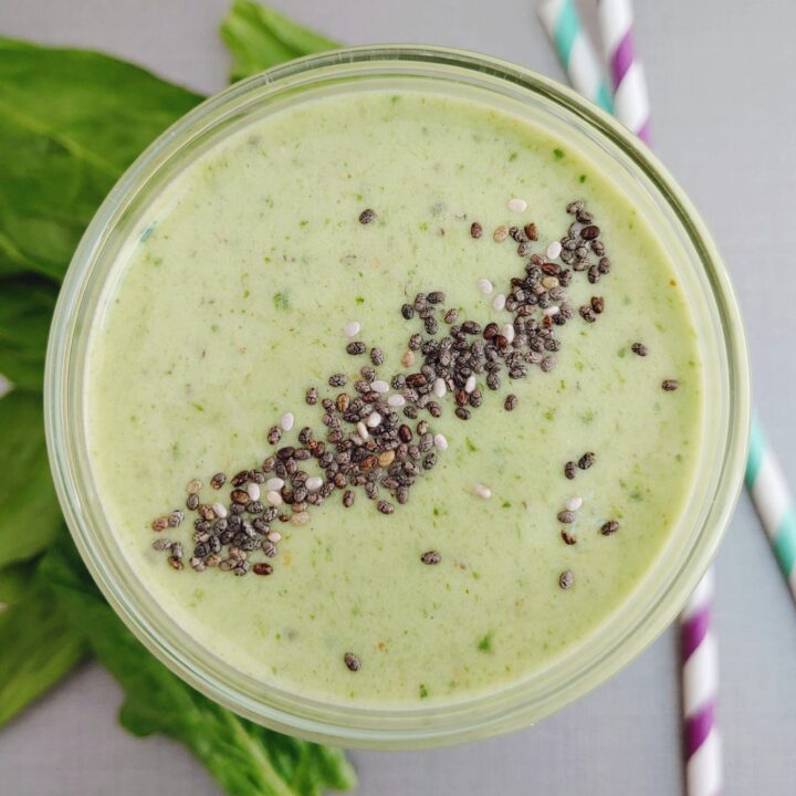 green smoothie in a glass photo taken from top
