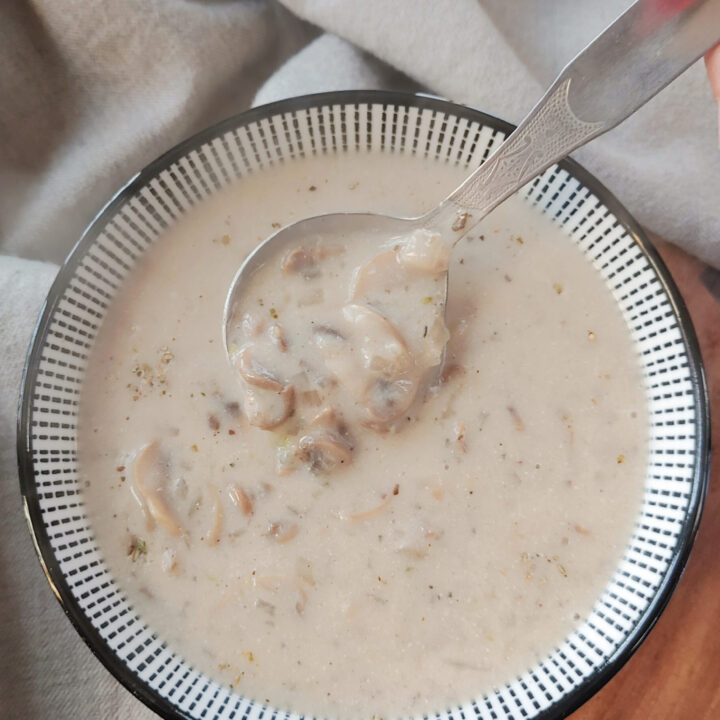 creamy mushroom soup in a bowl with spoon
