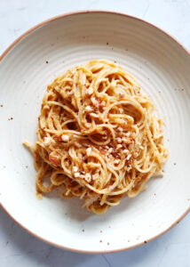 hidden veggie spaghetti served in a plate