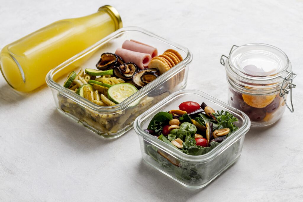 juice-bottle and packed food in glass containers