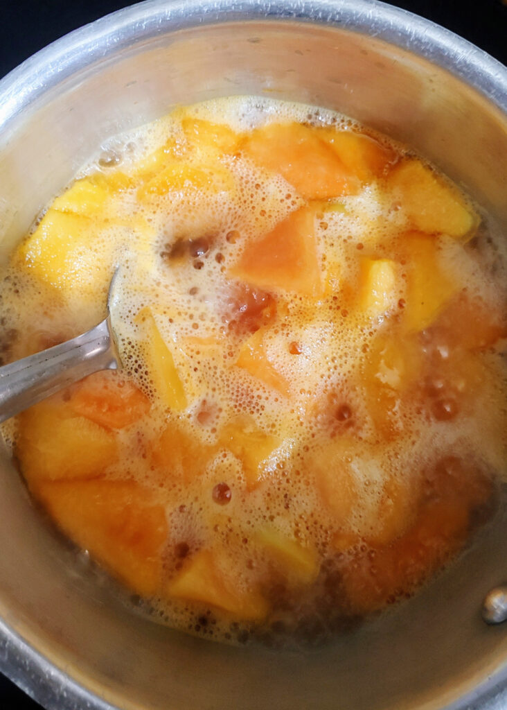 melon and other ingredients mixture cooking in a saucepan