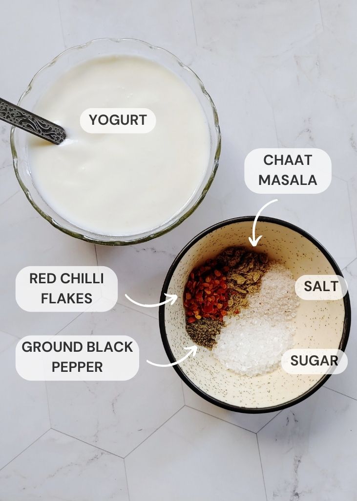 yogurt salt sugar and spices in bowls