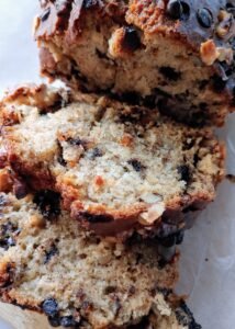 featured image of sliced eggless chocolate chip walnut banana bread