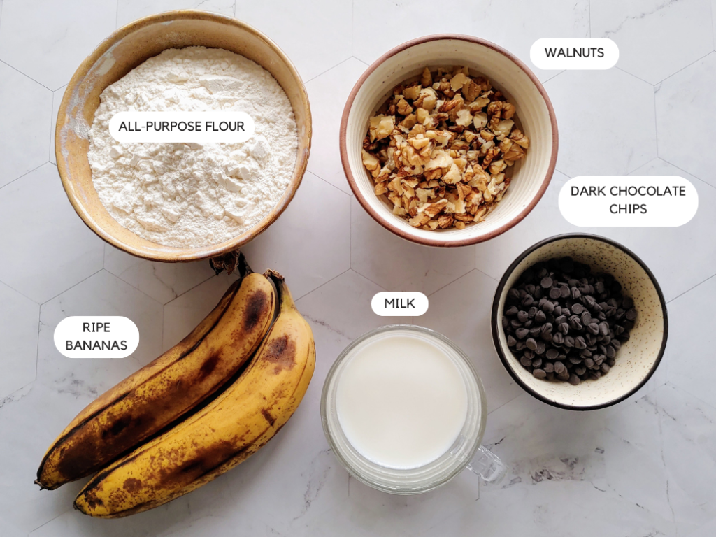 ingredients for eggless chocolate chip walnut banana bread