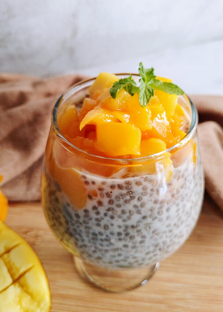 mango chia pudding served in a glass