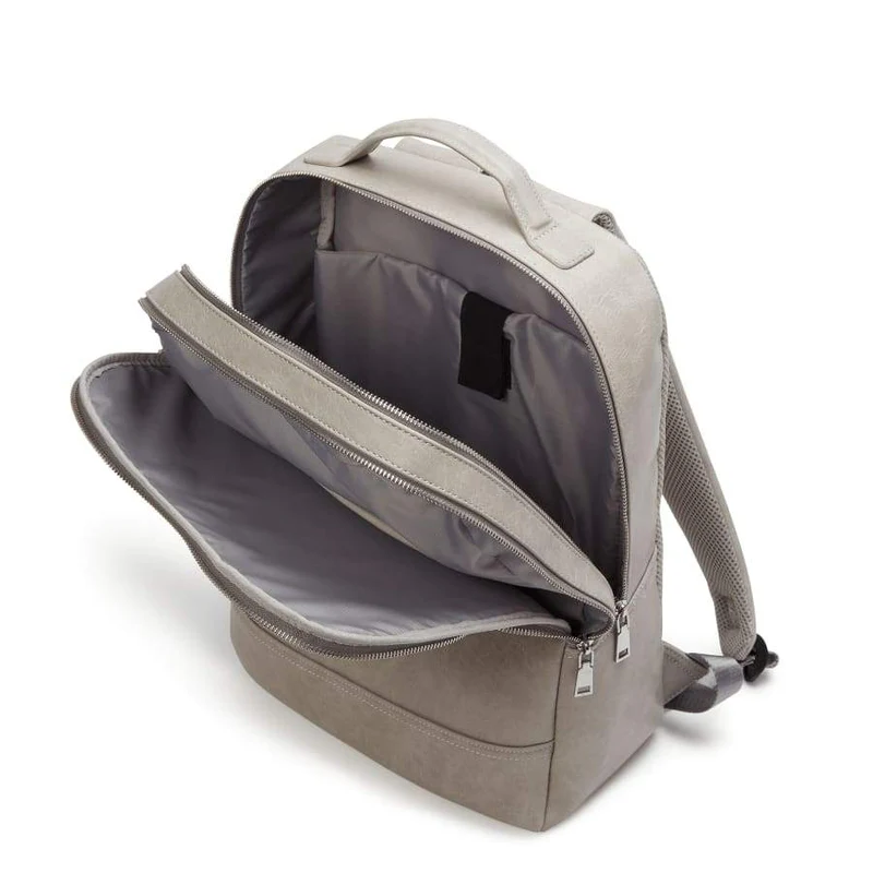 Inside of Acacia Grey Vegan Laptop Backpack with open zip